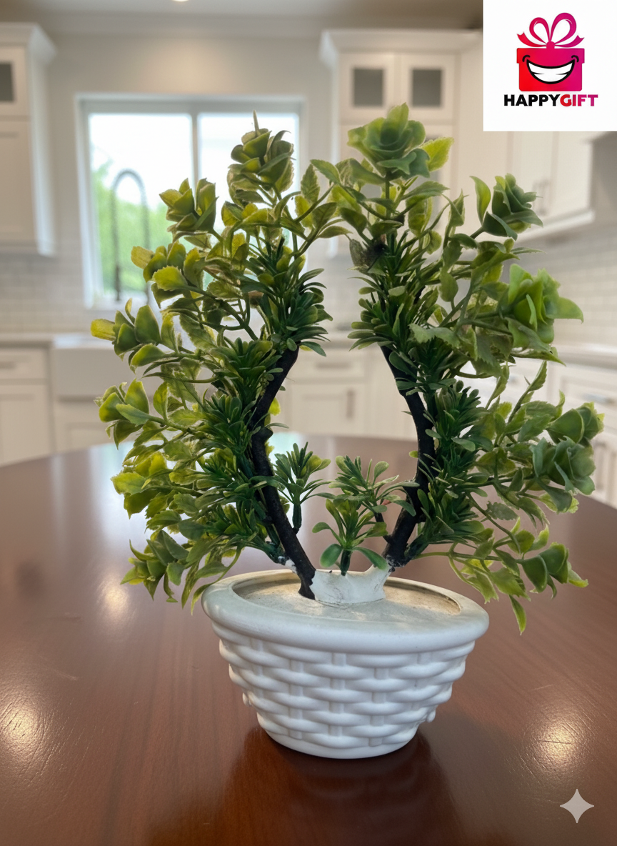 Miniature Artificial Topiary Plant in White Basket-Weave Pot