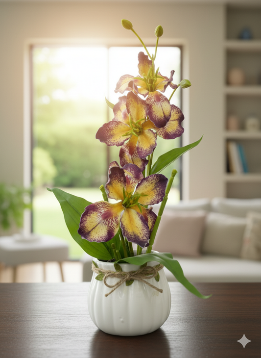 Spotted Faux Orchid in White Ceramic Pot