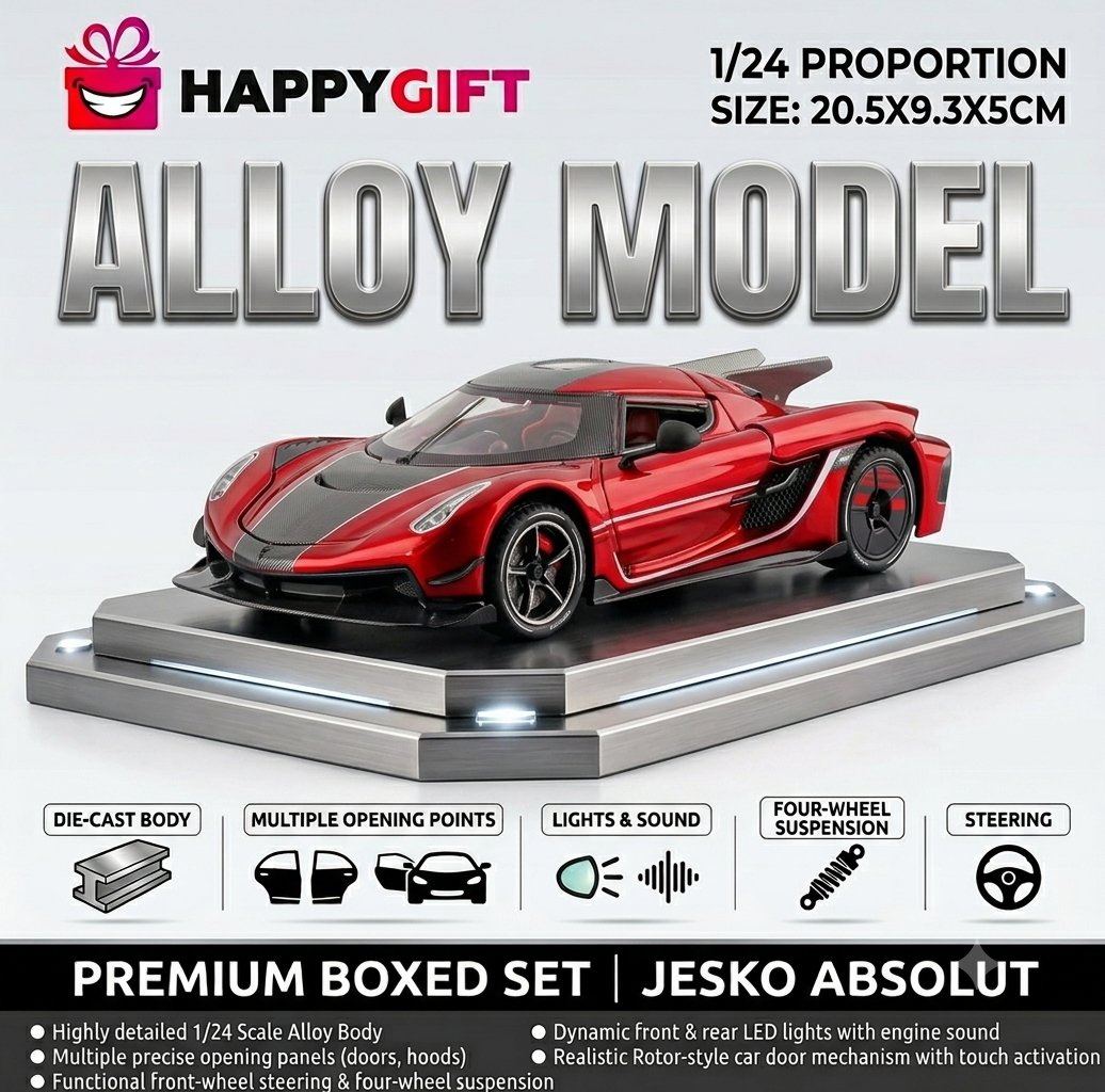 1/24 Scale Die-Cast Jesko Absolut Model – Premium Alloy Sports Car with Light, Sound & Metal Display Base