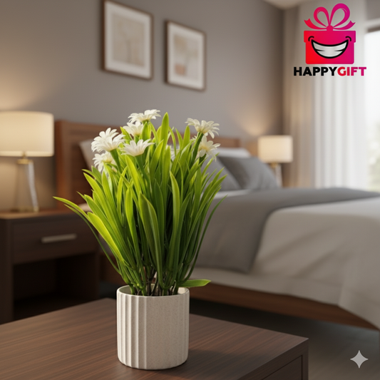 White Faux Daisy & Grass Arrangement in Ribbed White Pot