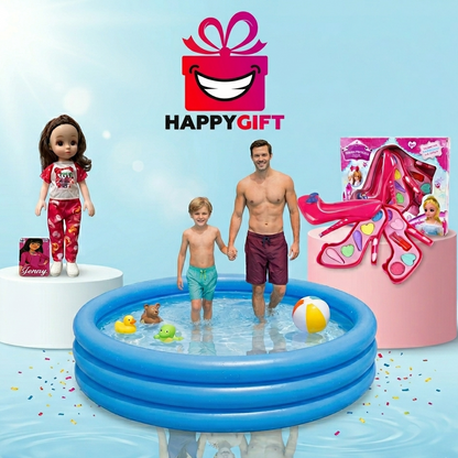 HappyGift Ultimate Kids Splash & Style Summer Bundle - Inflatable Pool, Jenny Doll & Princess Makeup Set