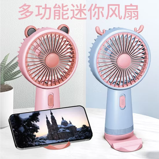 Cute Cartoon 2-in-1 Handheld Fan – Portable USB Rechargeable with Desktop Stand