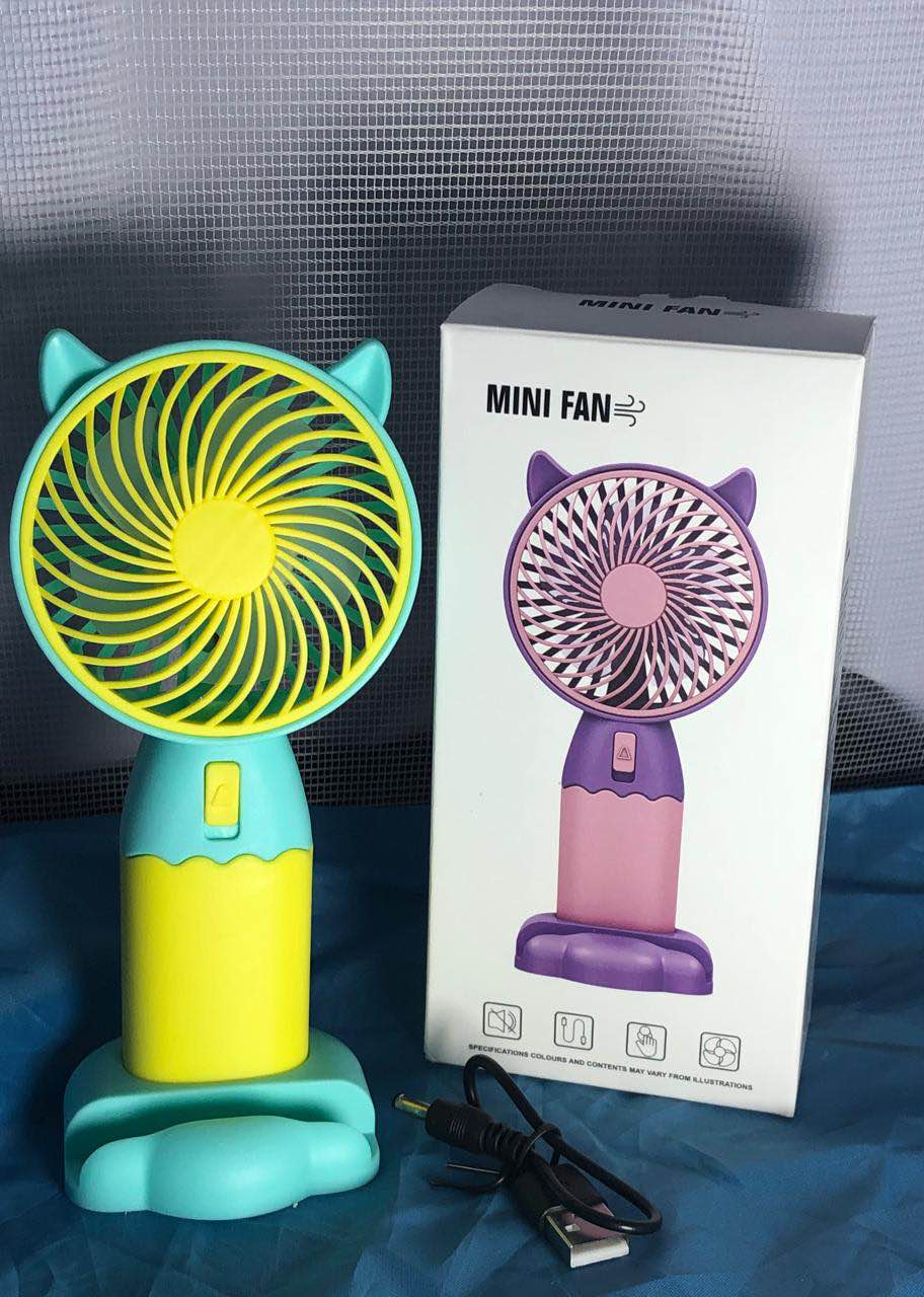 Cute Cat-Ear 2-in-1 Mini Fan – USB Rechargeable with Phone Stand Base