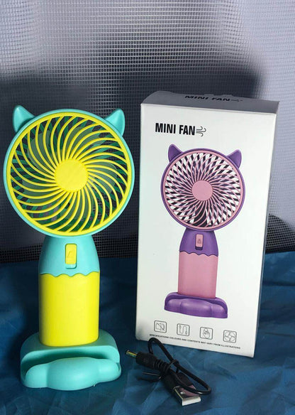 Cute Cat-Ear 2-in-1 Mini Fan – USB Rechargeable with Phone Stand Base