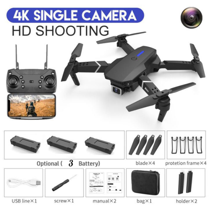 4K HD E88 Camera Drone with Remote Control – Foldable Quadcopter with Optional 3 Batteries