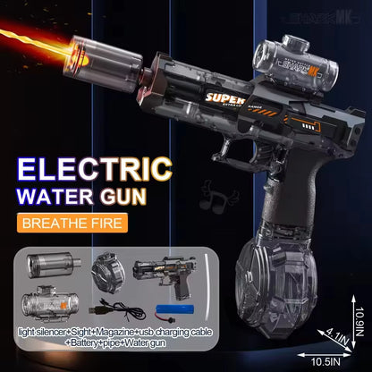Electric Water Gun with LED Fire Effect – High-Speed Automatic Water Blaster Toy with Scope & Large Drum Magazine