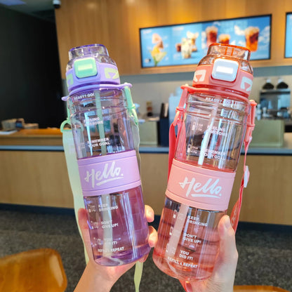 "Hello" Motivational Transparent Water Bottle with Straw and Carrying Strap