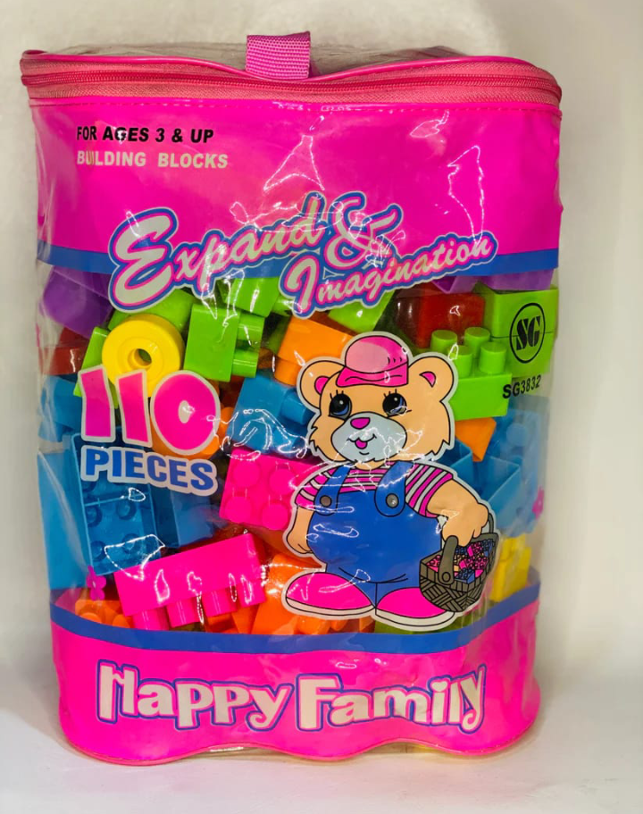 Happy Family 110-Piece Building Blocks Set - Pastel Educational Bricks in Pink Zipper Storage Bag