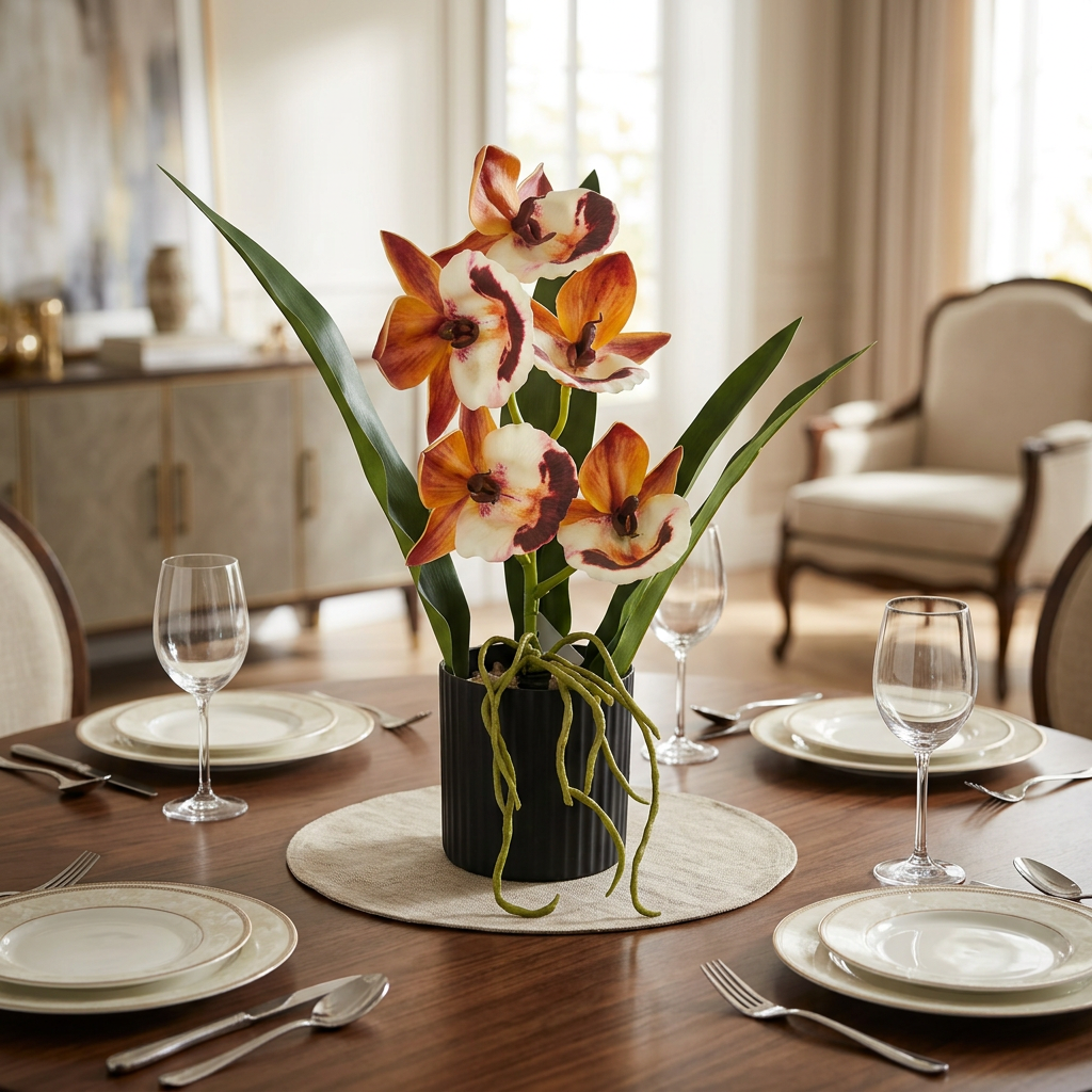 Artificial Orange Orchid Arrangement with Vines in Black Pot | Happy Gift