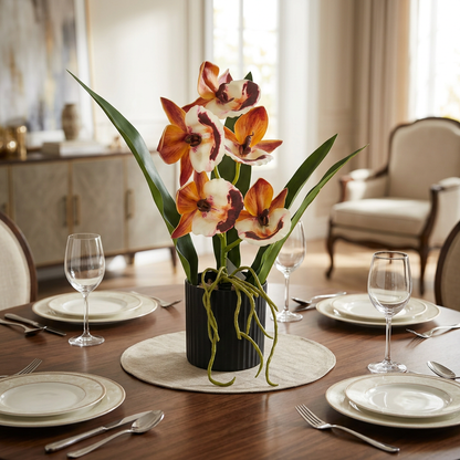 Artificial Orange Orchid Arrangement with Vines in Black Pot | Happy Gift