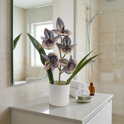 Artificial Striped Orchid Flower Arrangement in White Pot | Happy Gift