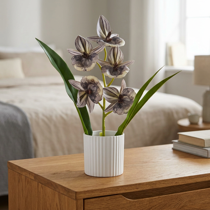 Artificial Striped Orchid Flower Arrangement in White Pot | Happy Gift