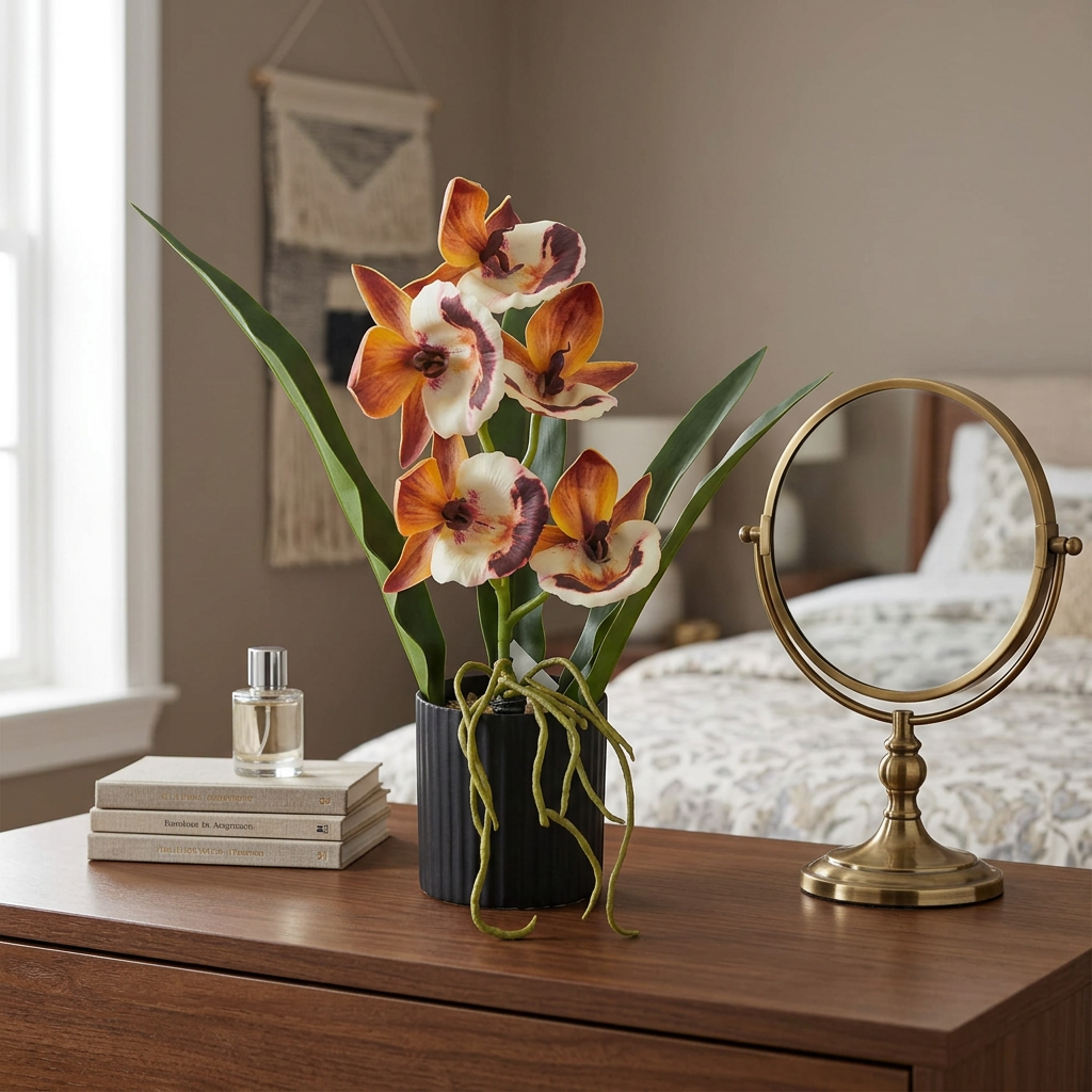 Artificial Orange Orchid Arrangement with Vines in Black Pot | Happy Gift