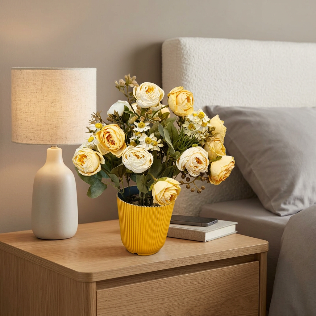 Artificial Cream Rose Flower Arrangement in Yellow Pot | Happy Gift