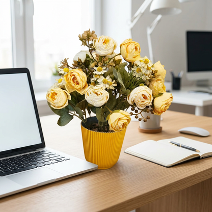 Artificial Cream Rose Flower Arrangement in Yellow Pot | Happy Gift
