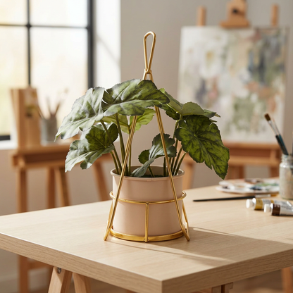 Artificial Green Leaf Plant in Gold Stand with Blush Pot | Happy Gift