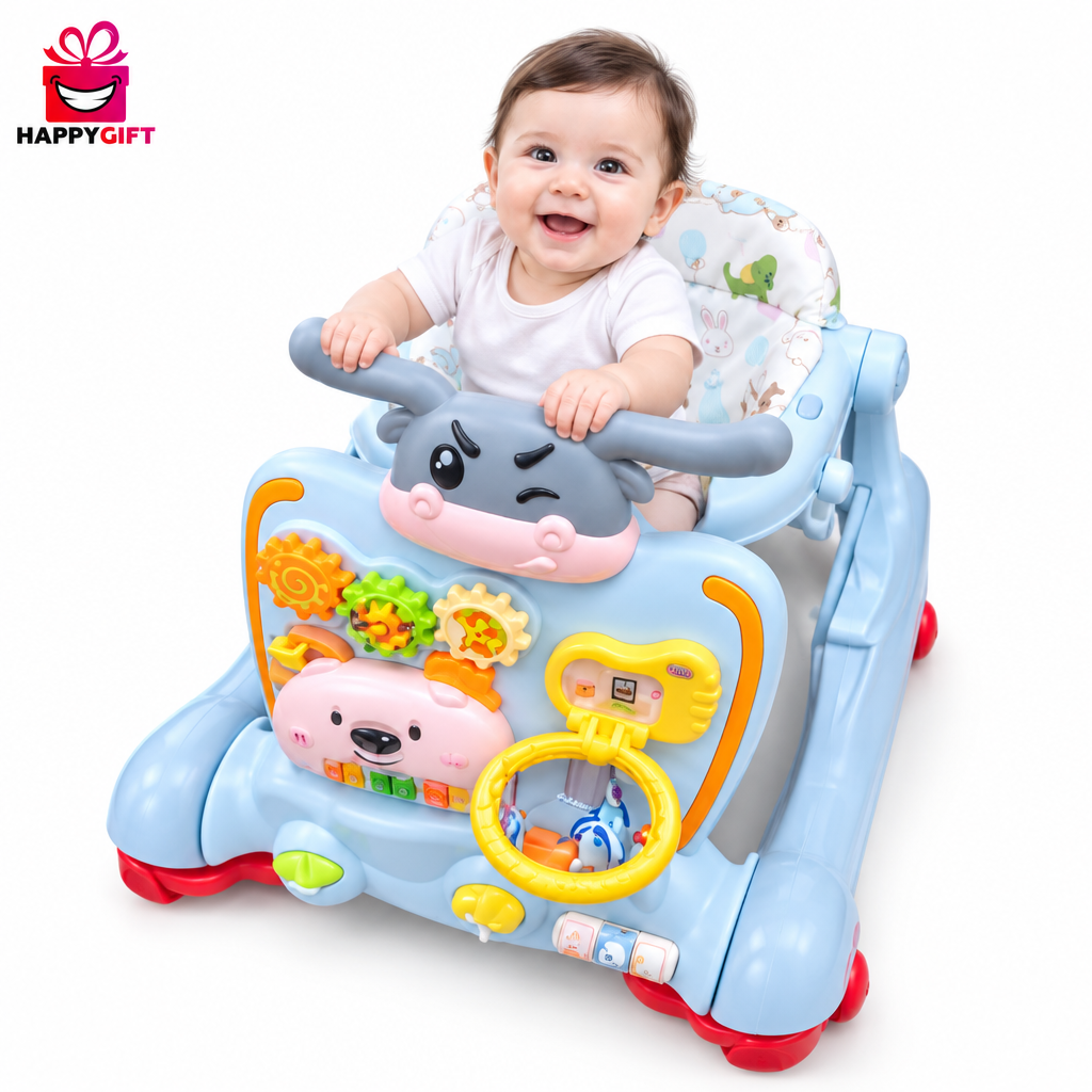Baby playing with walker, with logo
