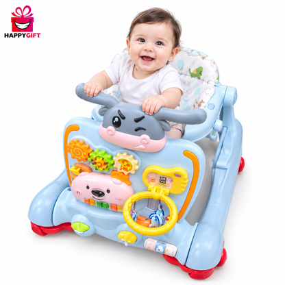 Baby playing with walker, with logo
