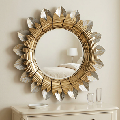 Gold Sunburst Decorative Mirror with Leaf Details – Happy Gift 2 by 2 FT