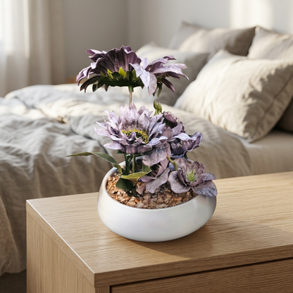 Purple Artificial Flower Arrangement in White Bowl Pot | Happy Gift