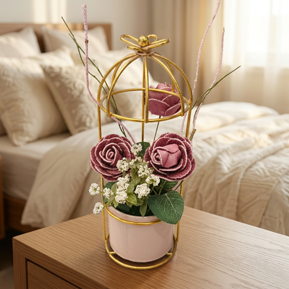 Dusty Pink Artificial Rose Arrangement in Gold Cage Stand | Happy Gift