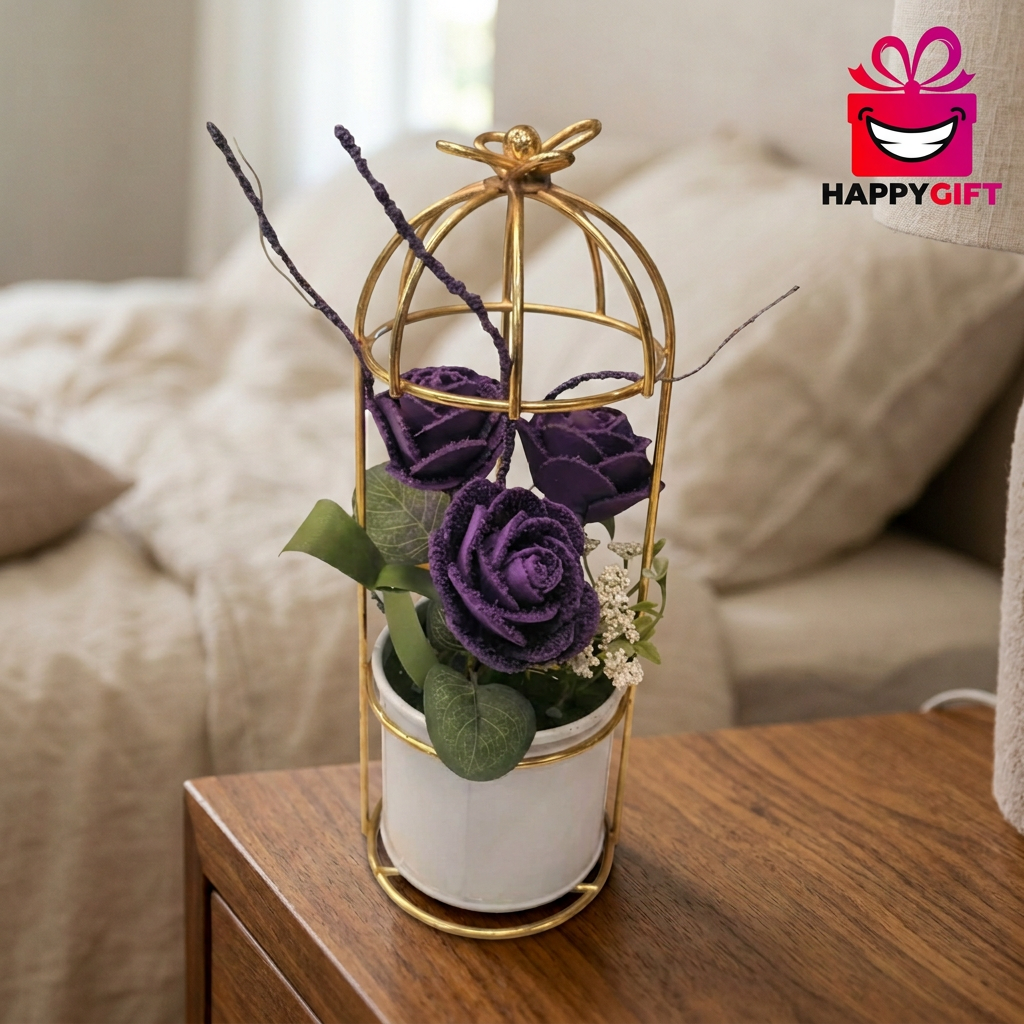 Purple Artificial Rose Arrangement in Gold Cage Stand | Happy Gift
