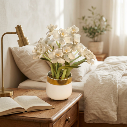 White Artificial Flower Arrangement in Gold-Rimmed Pot | Happy Gift