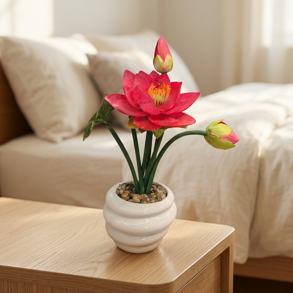 Pink Artificial Lotus Flower Arrangement in White Pot | Happy Gift