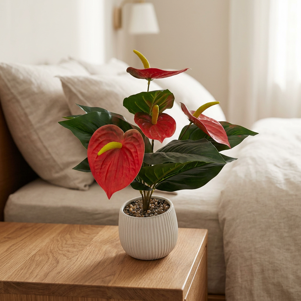 Red Artificial Anthurium Plant in White Ribbed Pot | Happy Gift