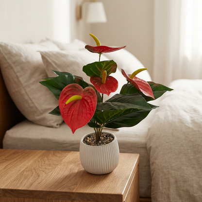 Red Artificial Anthurium Plant in White Ribbed Pot | Happy Gift