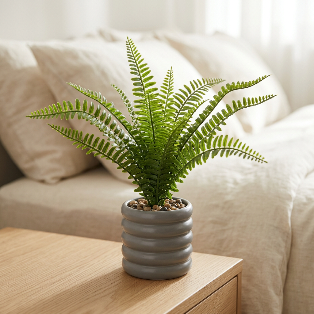 Artificial Green Fern Plant in Grey Ribbed Pot | Happy Gift