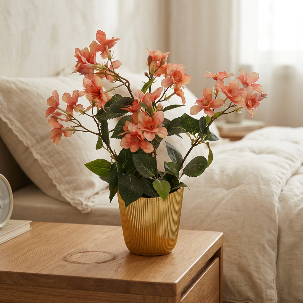 Peach Artificial Blossom Arrangement in Gold Pot | Happy Gift