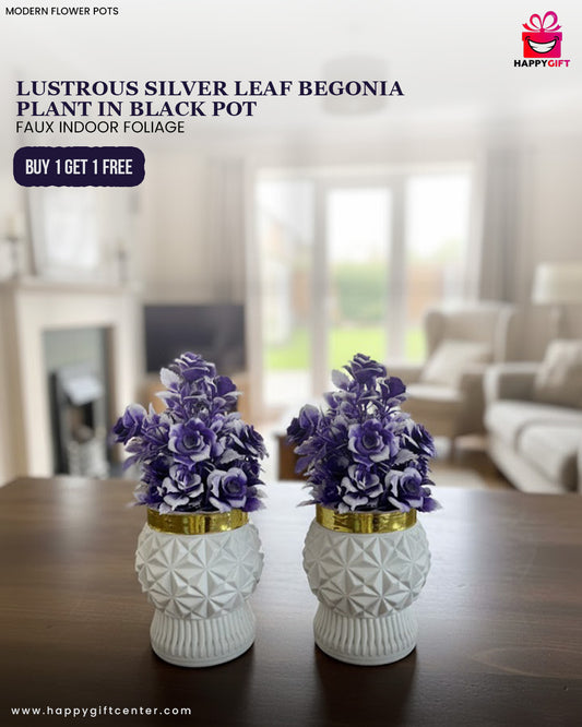 Lustrous Silver Leaf Begonia Plant in Black Pot | Faux Indoor Foliage