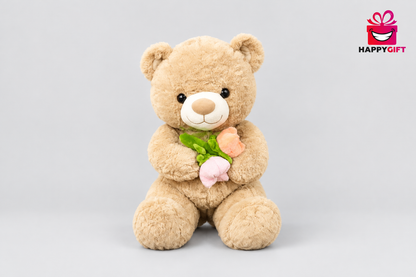 76 cm Beige Teddy Bear Holding Pastel Flowers, Gift for Special Occasions | Happy Gift