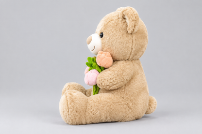76 cm Beige Teddy Bear Holding Pastel Flowers, Gift for Special Occasions | Happy Gift