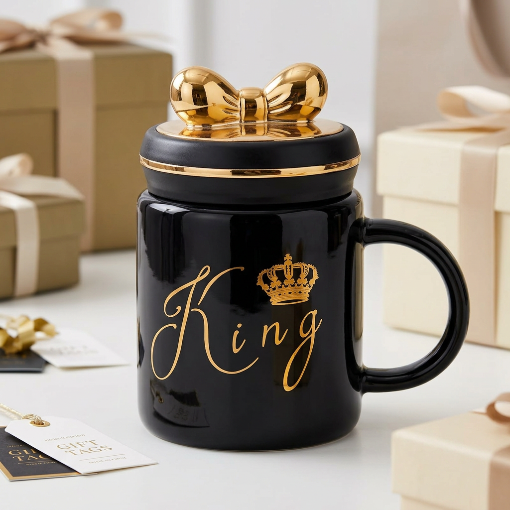 Black King Mug with Gold Crown & Bow Lid | Happy Gift