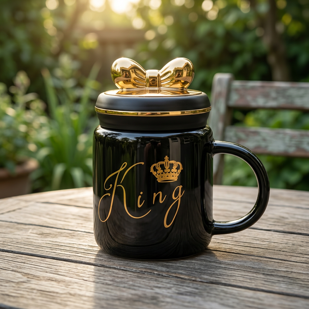Black King Mug with Gold Crown & Bow Lid | Happy Gift