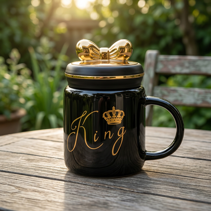 Black King Mug with Gold Crown & Bow Lid | Happy Gift