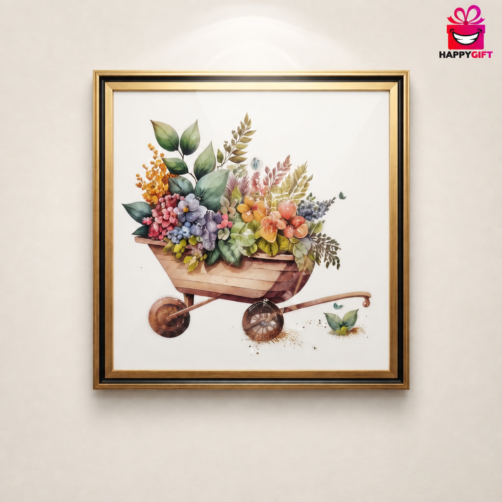 "Blooms in a Barrow" - Framed Watercolor Art Print | HappyGift Home Decor