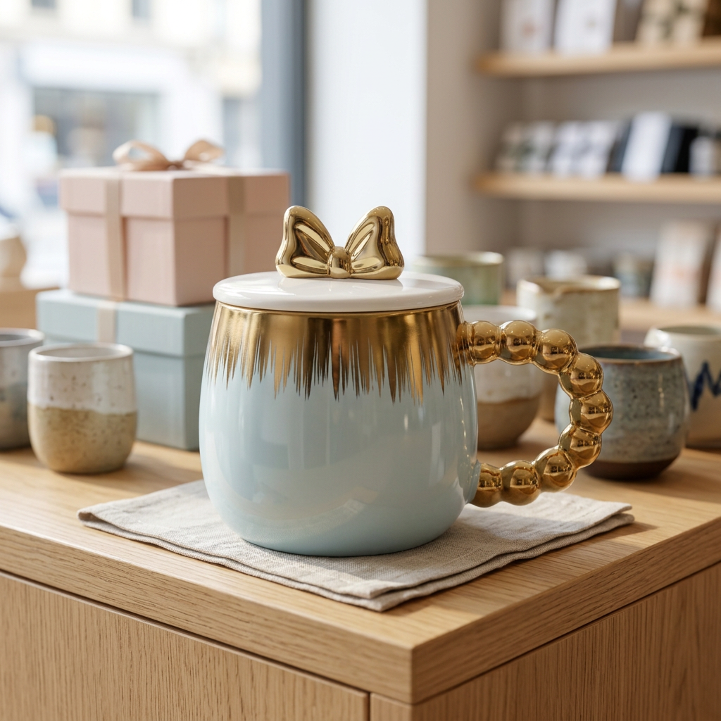 Blue & Gold Ceramic Mug with Bow Lid – Happy Gift