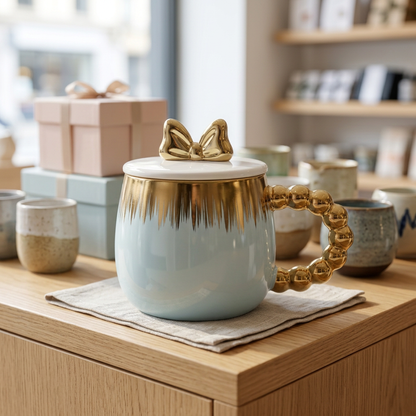 Blue & Gold Ceramic Mug with Bow Lid – Happy Gift