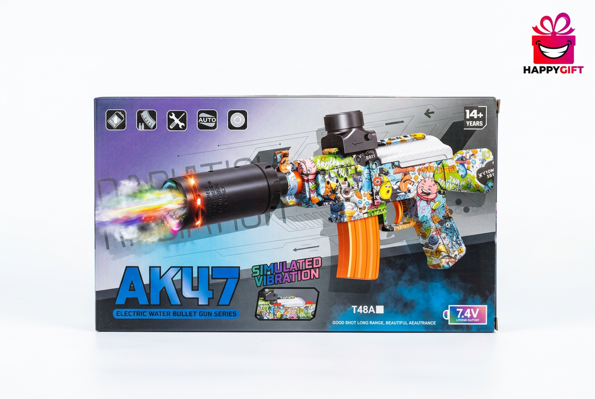 Boxed toy blaster on white with Happy Gift logo