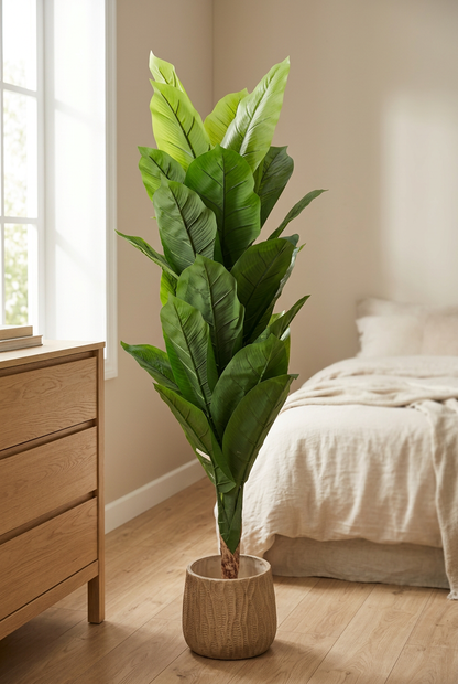 Broad-Leaf Decorative Plant with Tan Planter | Happy Gift