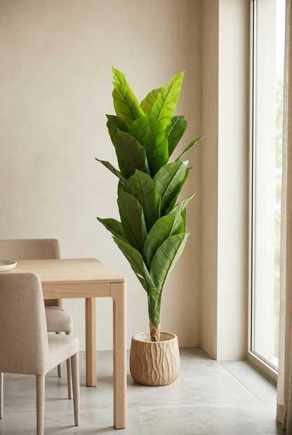 Broad-Leaf Decorative Plant with Tan Planter | Happy Gift