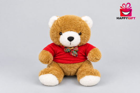 25CM Cute Brown Teddy Bear in Red Shirt with Plaid Bow Tie | Happy Gift Center