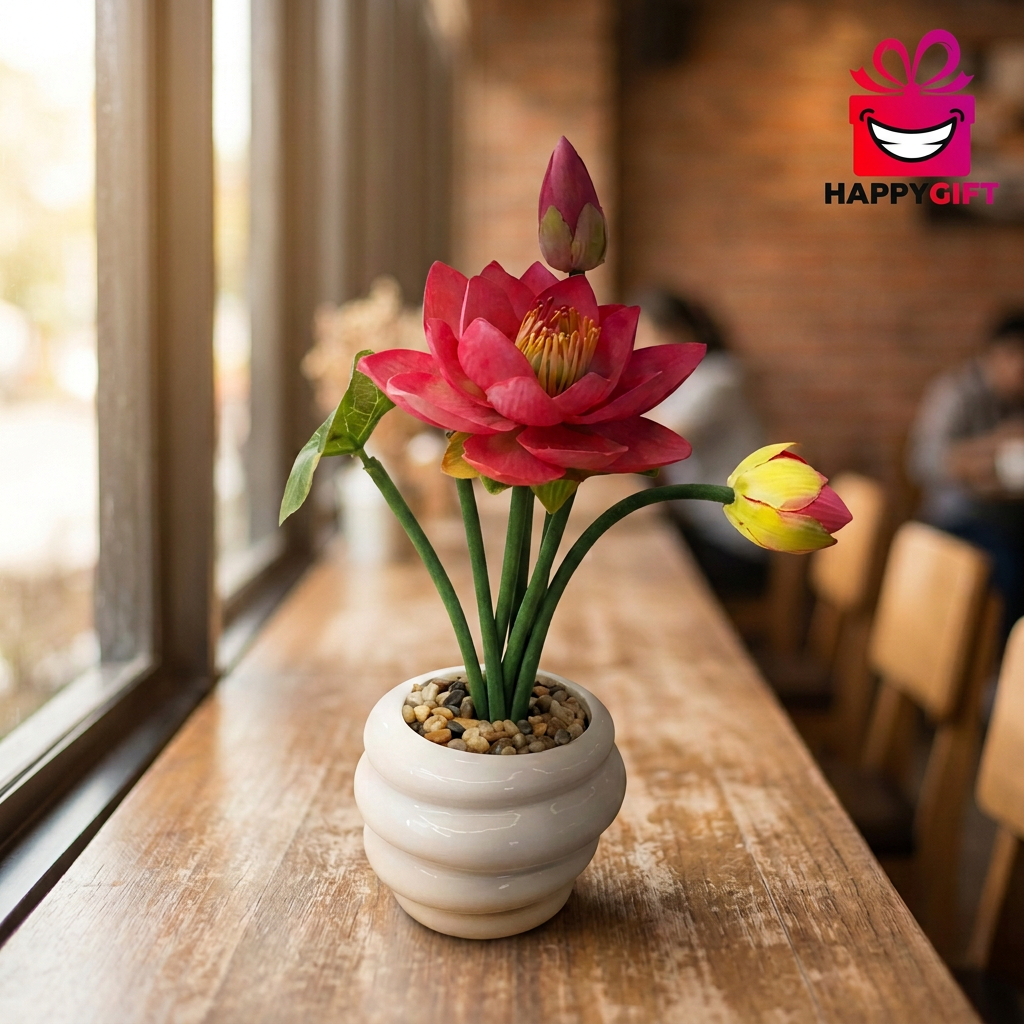Pink Artificial Lotus Flower Arrangement in White Pot | Happy Gift
