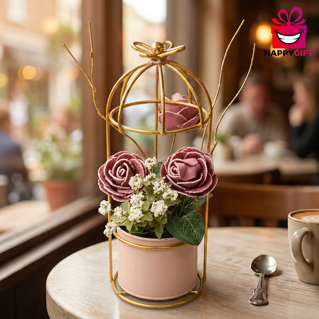 Dusty Pink Artificial Rose Arrangement in Gold Cage Stand | Happy Gift