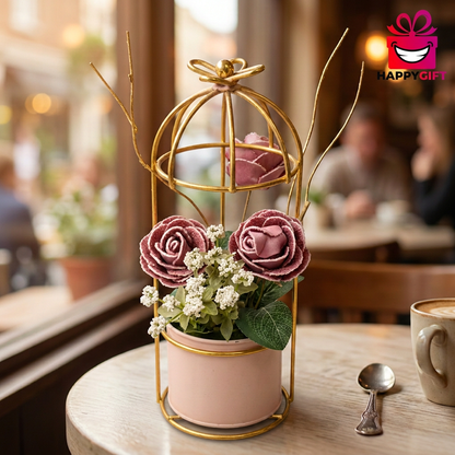 Dusty Pink Artificial Rose Arrangement in Gold Cage Stand | Happy Gift
