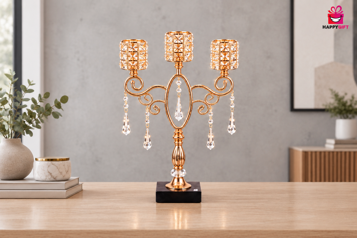 Opulent Gold & Crystal Four-Arm Candelabra - Elegant Decorative Centerpiece | HappyGift
