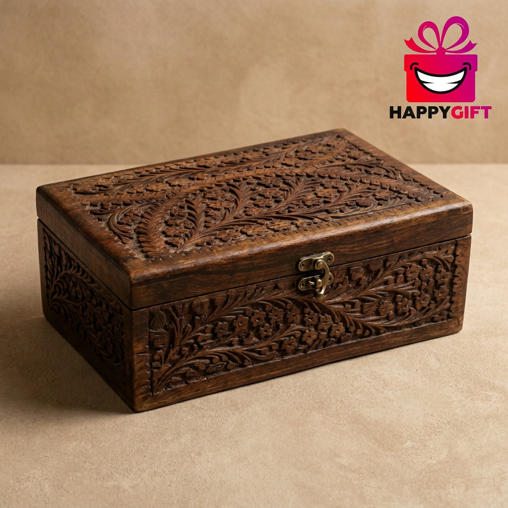 Carved Wooden Jewellery Box with Red Lining | Happy Gift